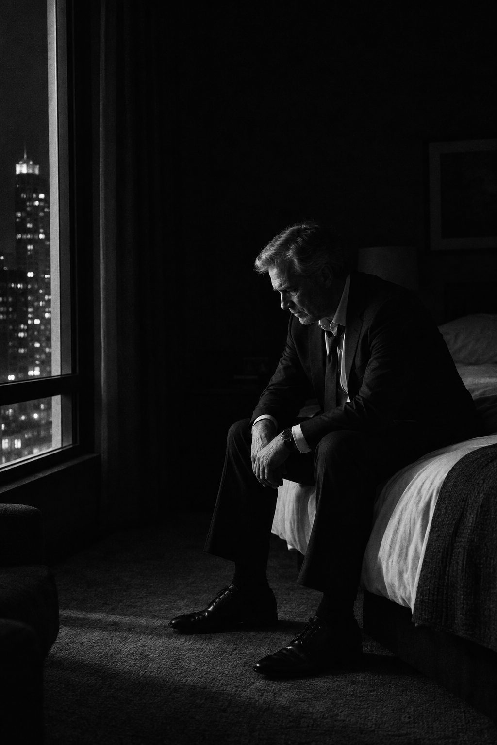 A man in a suit seated alone on the edge of a bed in a dark hotel room