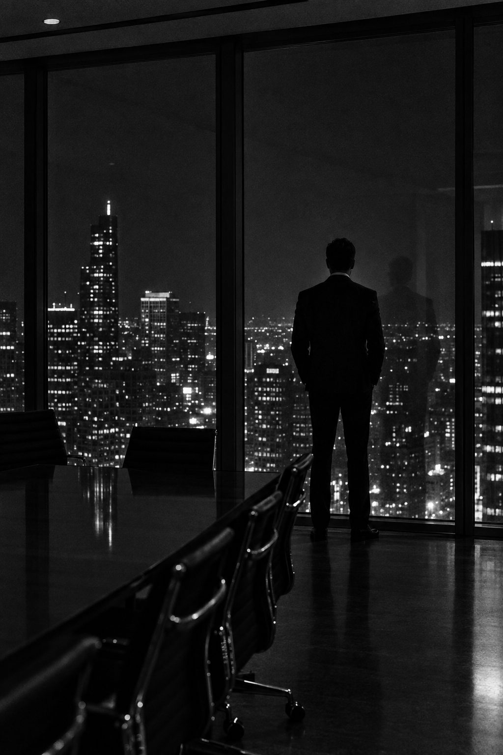 Silhouette of a man at an office window overlooking a city at night